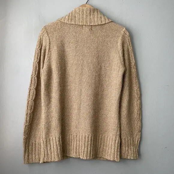 Y2K Cable Knit Cardigan Size Large Tan Button Sweater Pockets Chunky Academia - Picture 4 of 9